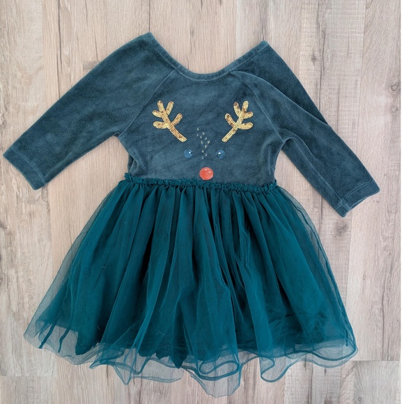 Mini Boden Teal Velvet Tulle  Christmas Reindeer Dress, 3-4Y (Z2) - Picture 1 of 6